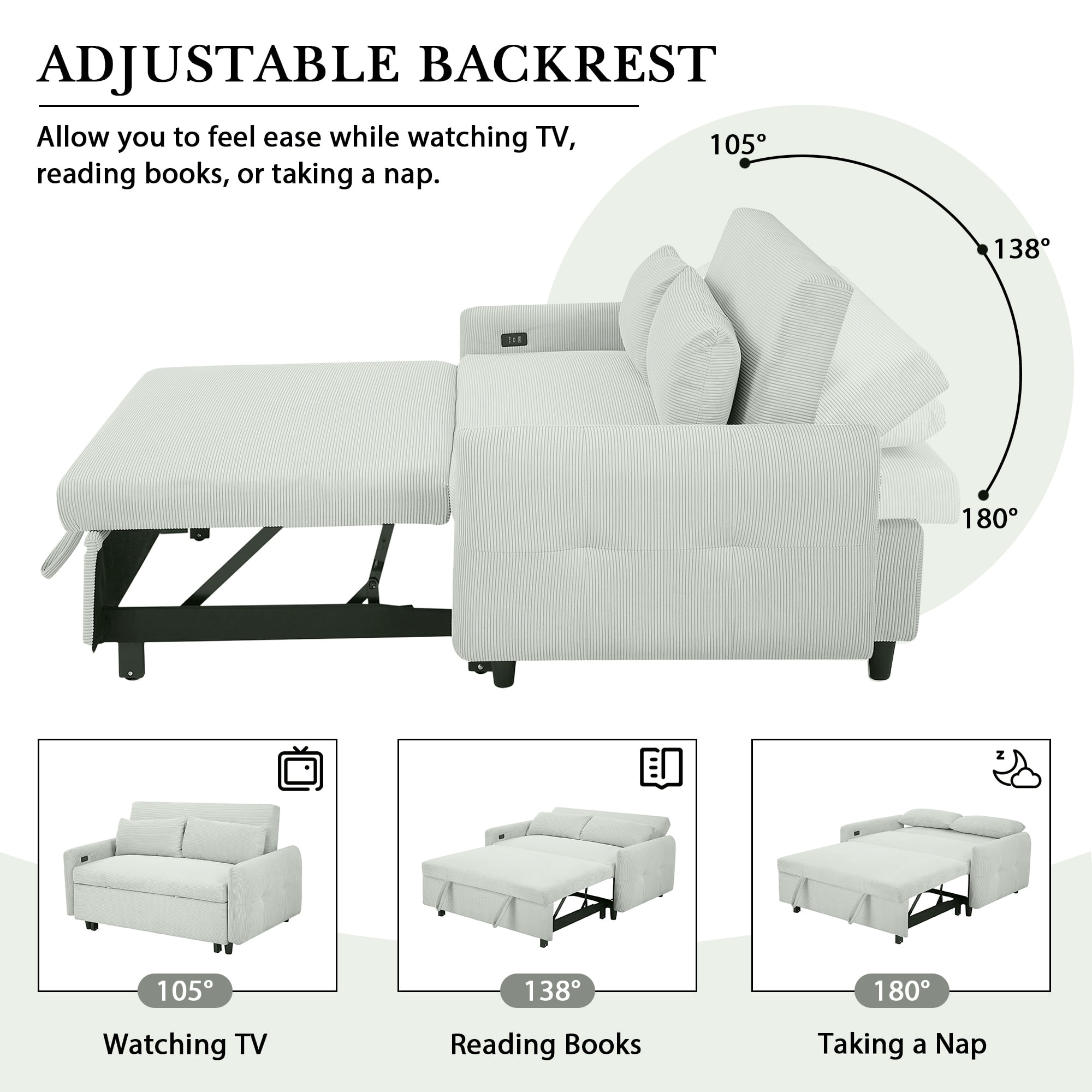 Pull-out Sofa Bed Convertible Couch 2 Seat Loveseat Sofa Modern Sleeper Sofa with Two Throw Pillows and USB Ports for Living Room