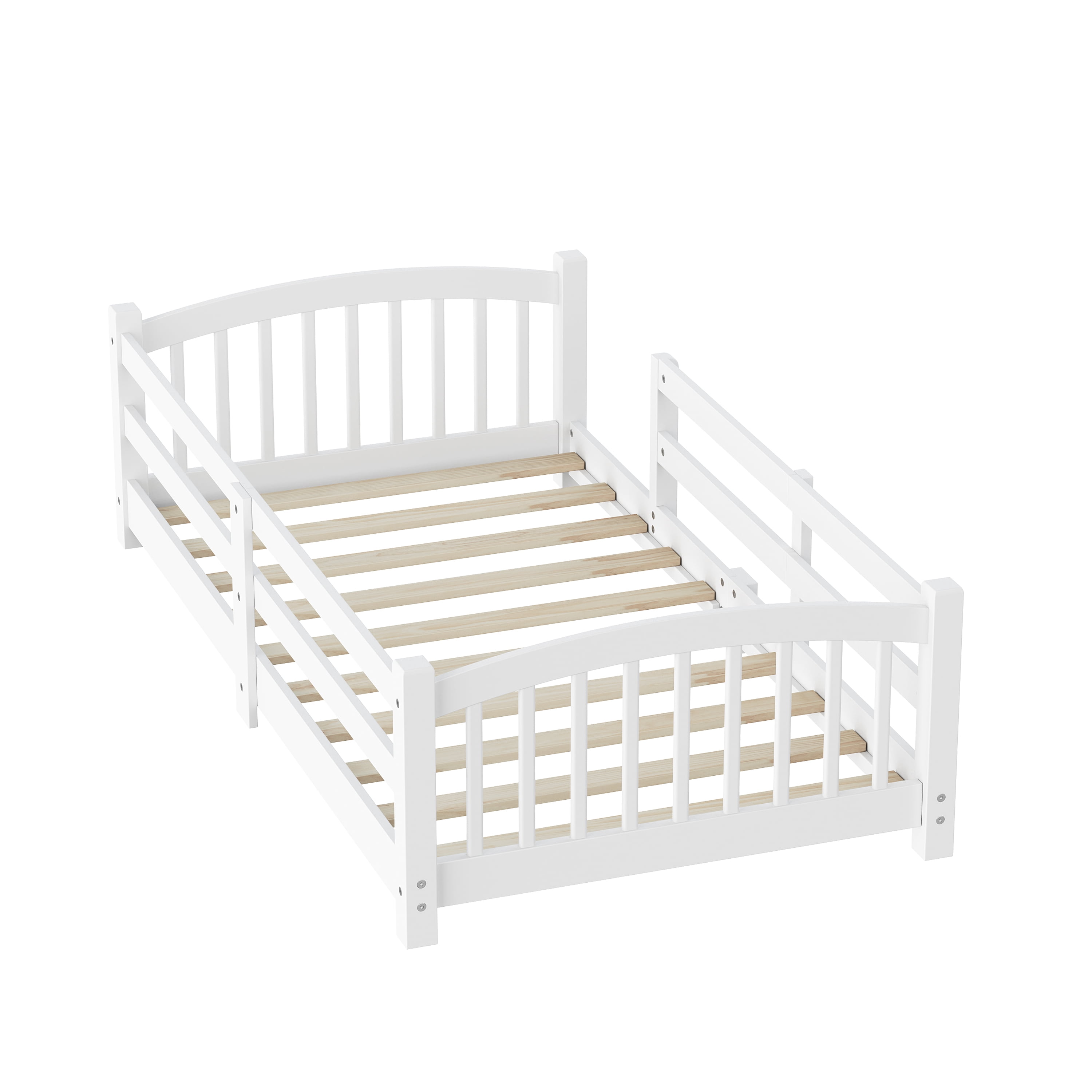 MODERNLUXE Twin Floor Bed with Slats and Safety Guardrails, Montessori Floor Bed with Fence and 1 Opening,Solid Wood Twin Size Bed Frame for Girls and Boys, White