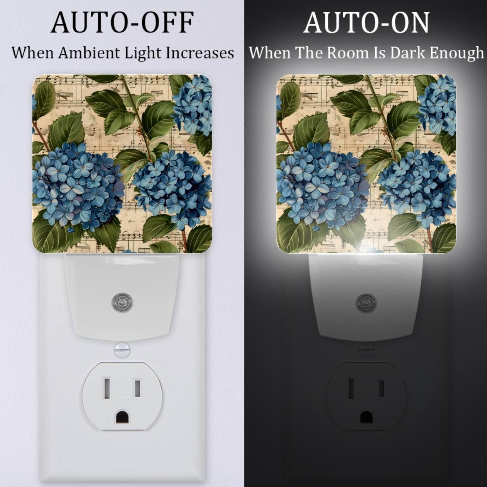 PhooArto Vintage Music Notes Hydrangeas Flowers Plug in LED Night Light Auto Sensor Dusk to Dawn Decorative Night for Bedroom, Bathroom, Kitchen, Hallway, Stairs, Baby's Room, Energy Saving