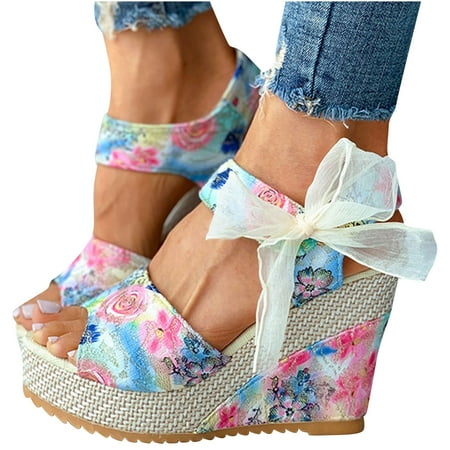 

Women s Platform Floral Printed Slingback Espadrille Wedge Sandals with Strap Bowknot Summer Beach Sandals Open Toe Espadrille Platform