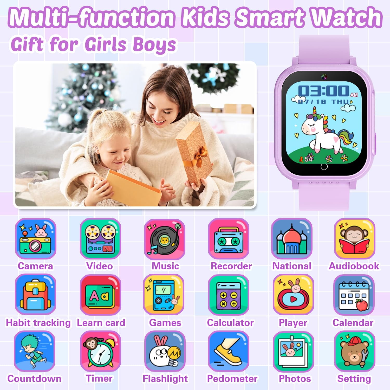 Kids Waterproof Smart Watch Gift for Girls Age 5-12, 32 Games HD Touchscreen Kids Watch with Dual Camera Video Music Player Pedometer Flashlight 12/24 hr Toys Birthday Gifts for Girls Ages 6 7 8 9