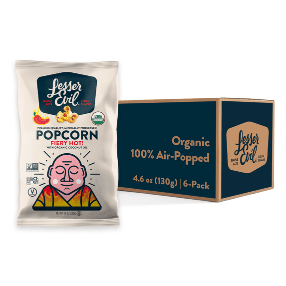 LesserEvil Organic Popcorn, Fiery Hot, 4.6 oz Bags, 6 Count