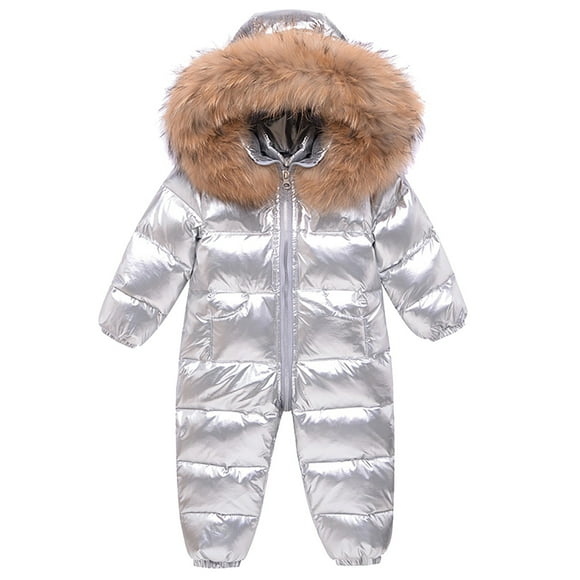 XIMIN Baby Boys Girls Down Snowsuit Metallic Shiny One Piece Hooded Puffer Jumpsuit Toddler Thick Snow Down Winter Hooded Toddler Warm Rompers Ski Suit