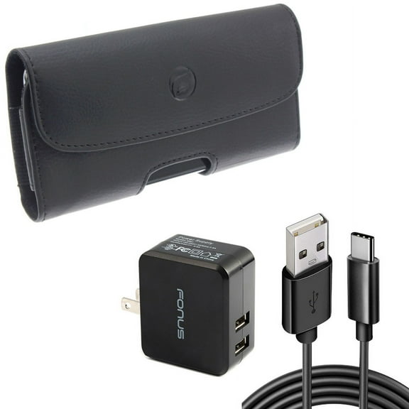 Case Belt Clip & Home Charger for iPhone 15 Pro Max - Leather Holster Cover Loops and 17W 2-Port USB 3.4A Type-C Cable L2Z for iPhone 15 Pro Max (6.7")