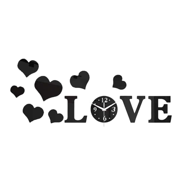 Reloj de pared con forma de corazón de amor, adhesivo decorativo para pared, arte creativo y silencioso para el hogar. Negro