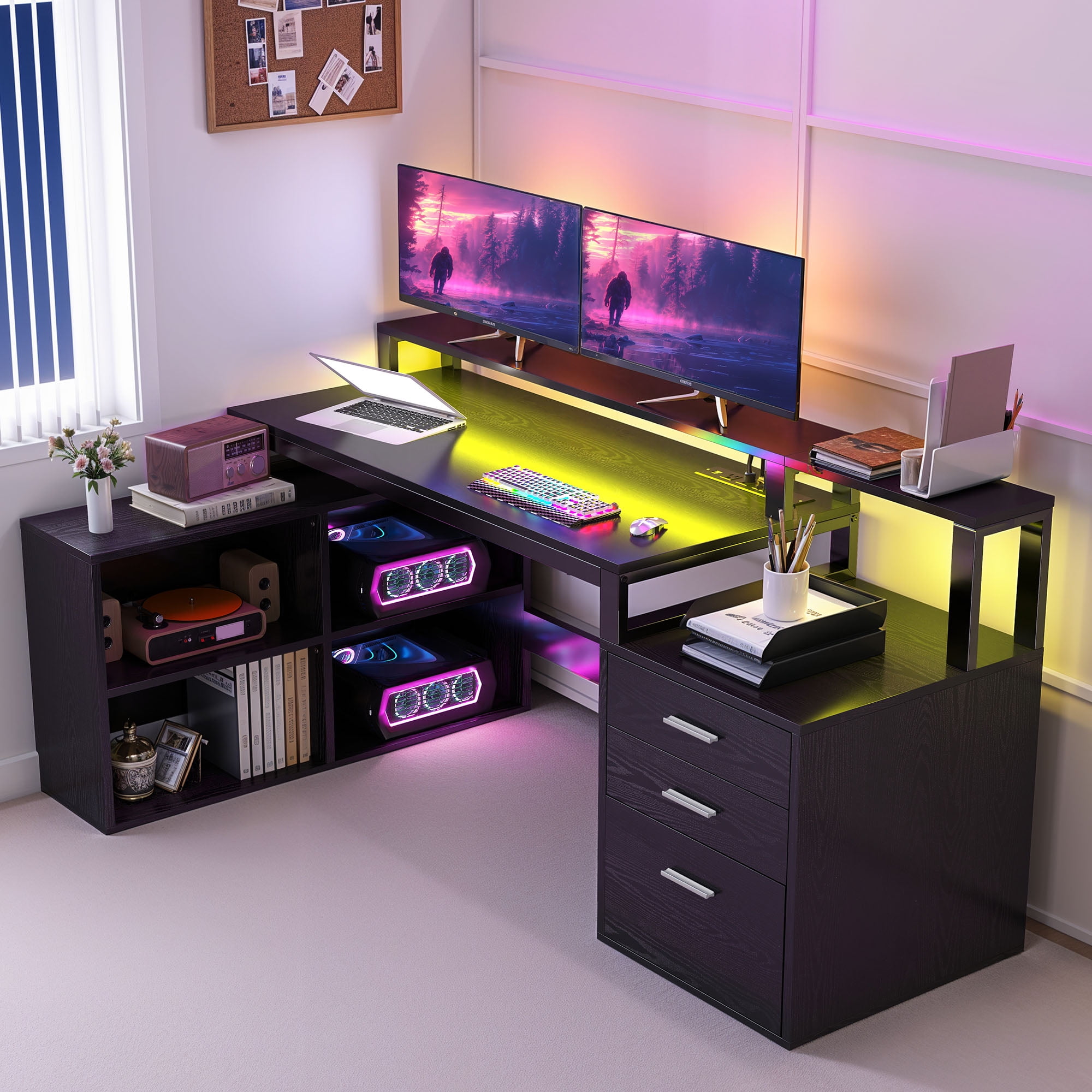 Uforic Computer Desk with LED Light, 65" L Shaped Desk with Shelves &Drawers, Home Office Desk, Black