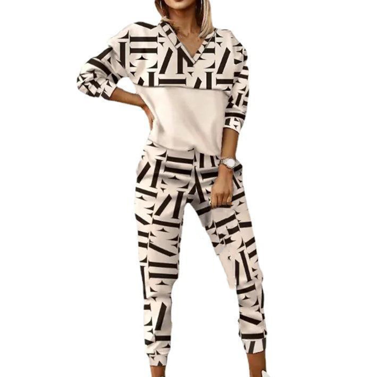 PERZOE Top Pants Suit 2Pcs/Set Women Top Pants Suit Elastic Waist Long Sleeves V Neck Fashion
