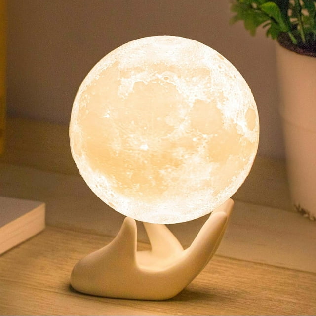 Moon Lamp-Home Décor, Brightness Control, LED Night Light, Bedroom, Living Room, Ceramic Hand Base, 3.5"