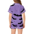 thumbnail image 5 of Weebloom Halloween Pajamas For Toddler Girls Cute Bat Print Soft Kids Short Sleeve Button Down Shirt And Shorts Two Piece Outfit Sleepwear Nightwear Pjs Loungewear Light Purple 4-5 Years, 5 of 7