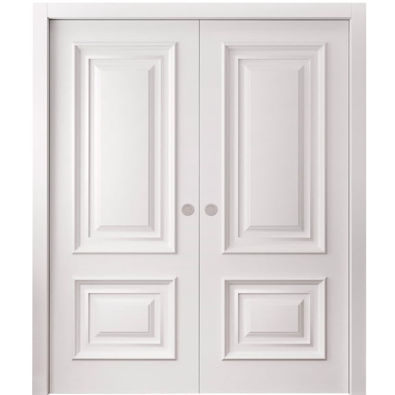 Sliding Double Pocket Doors 36 x 80 inches | CLASSIC 2289 White Enamel | Kit Rail Hardware | Solid Wood Interior Bedroom Doors