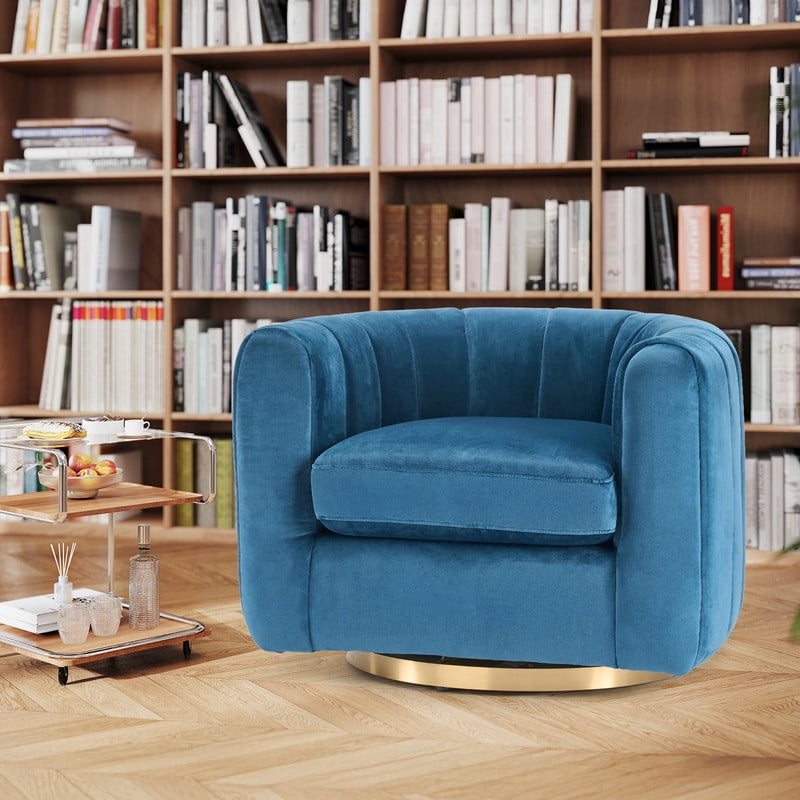 Gianna Swivel Accent Chair, Reclining Velvet Barrel Chair，Blue