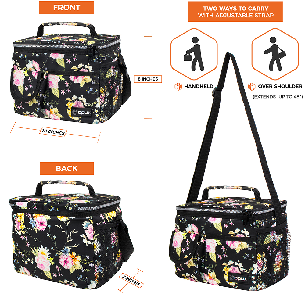 OPUX Insulated Lunch Bag for Men Women, Leakproof Thermal Lunch Box Work School, Soft Lunch Cooler Bag with Adjustable Shoulder Strap for Adult Kid Boy Girl, Reusable Lunch Pail, Black Floral - image 4 of 8