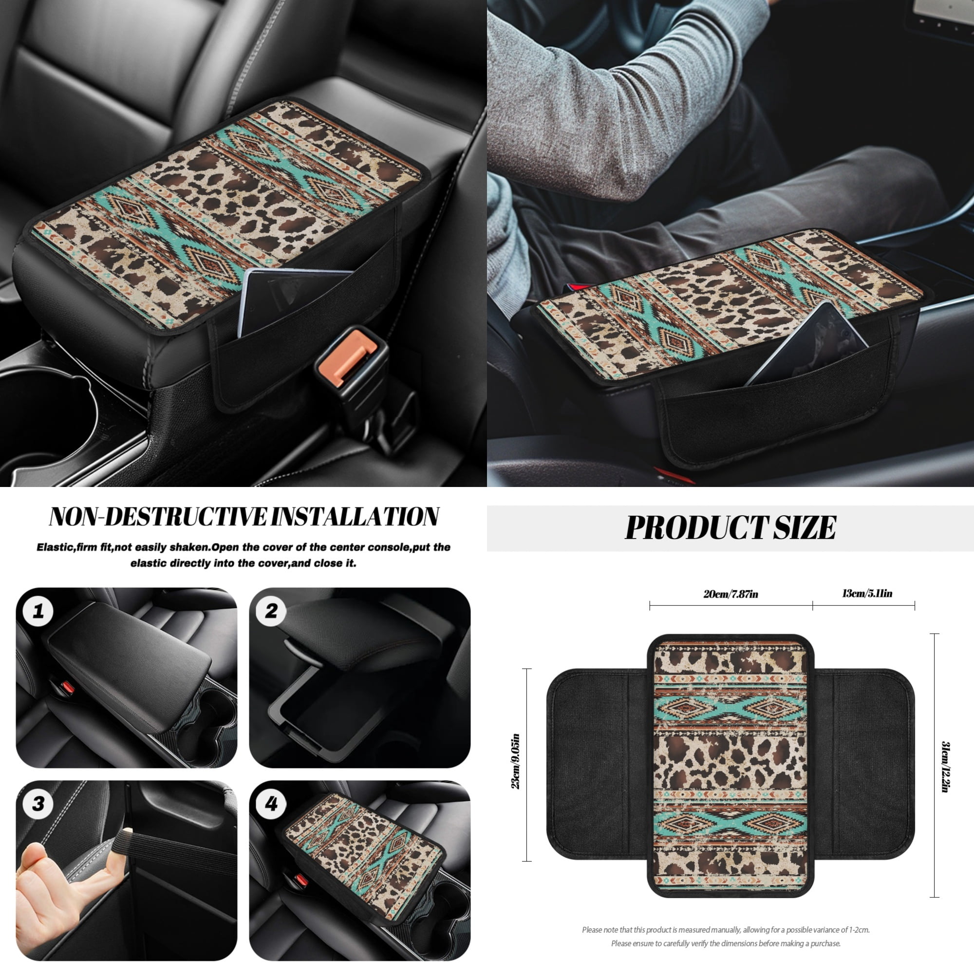 Renewold American Tribal Brown Cow Print Retro Car Seat Cover Full Set 14 PCS, with Steering Wheel Cover Seatbelt Pad Coasters Rubbish Bin Rear View Mirror Armrest Gear Shift Knob Cover Set
