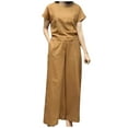 thumbnail image 2 of Jerdar Women Summer 2 Piece Casual Solid Short Sleeve Top Round Neck Widened Leg Pants Long Pants Leisure Set Brown S, 2 of 5