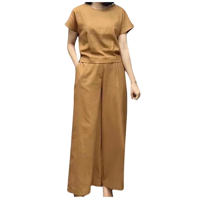 Hauts à Manches Longues pour Femmes, Col Rond, Manches Courtes, Pantalons à Jambes Élargies, Ensemble de Pantalons Longs, Hauts à Manches Courtes pour Femmes, Pantalons en Coton et Lin pour Femmes