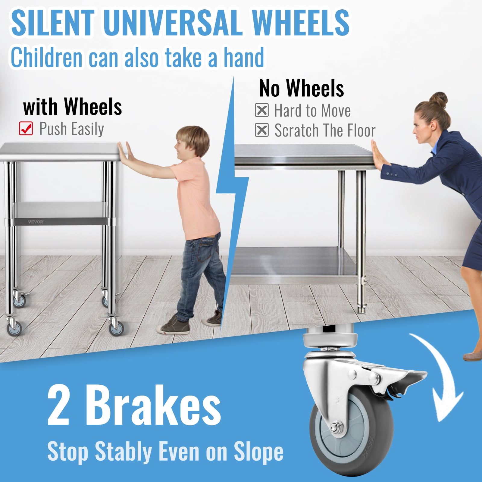VEVOR Stainless Steel Prep Table, Heavy Duty Metal Worktable with Adjustable Undershelf & Universal Wheels, 600lbs Load Capacity, 24 x 24 x 36 inch