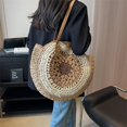 thumbnail image 2 of GEEK - Nuevo bolso de playa redondo de paja para mujer, bolso de hombro tejido grande vintage, bolso de rafia circular de ratán, bolso bohemio para vacaciones de verano, 2 of 5