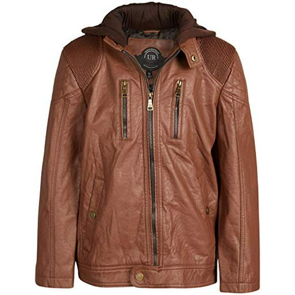 Urban Republic Boys Faux Leather Moto Jacket with Zipper Pockets and Fleece Hood, Size 14/16, Cognac with Ribbing