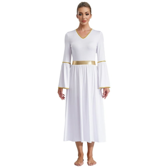 Haitryli Women Color Block Liturgical Praise Lyrical Dance Dress Bell Retro Church Gown Worship White S