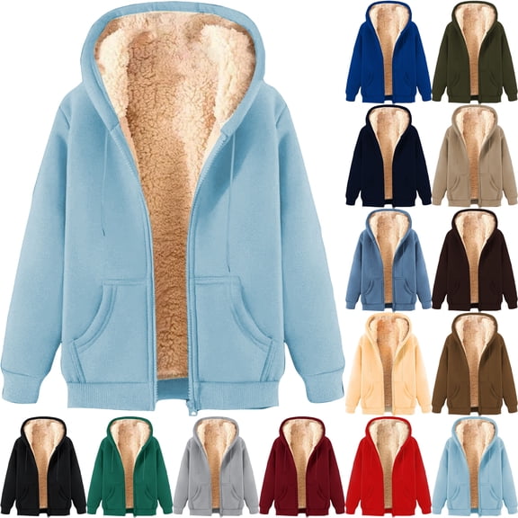 Fleece Jacket Women Plus Size Winter Long Sleeved Cardigan Pockets Warm Plush Hooded Jacket Fleece Sweater Coat for Women Solid Coat Zipper Sweatshirt
