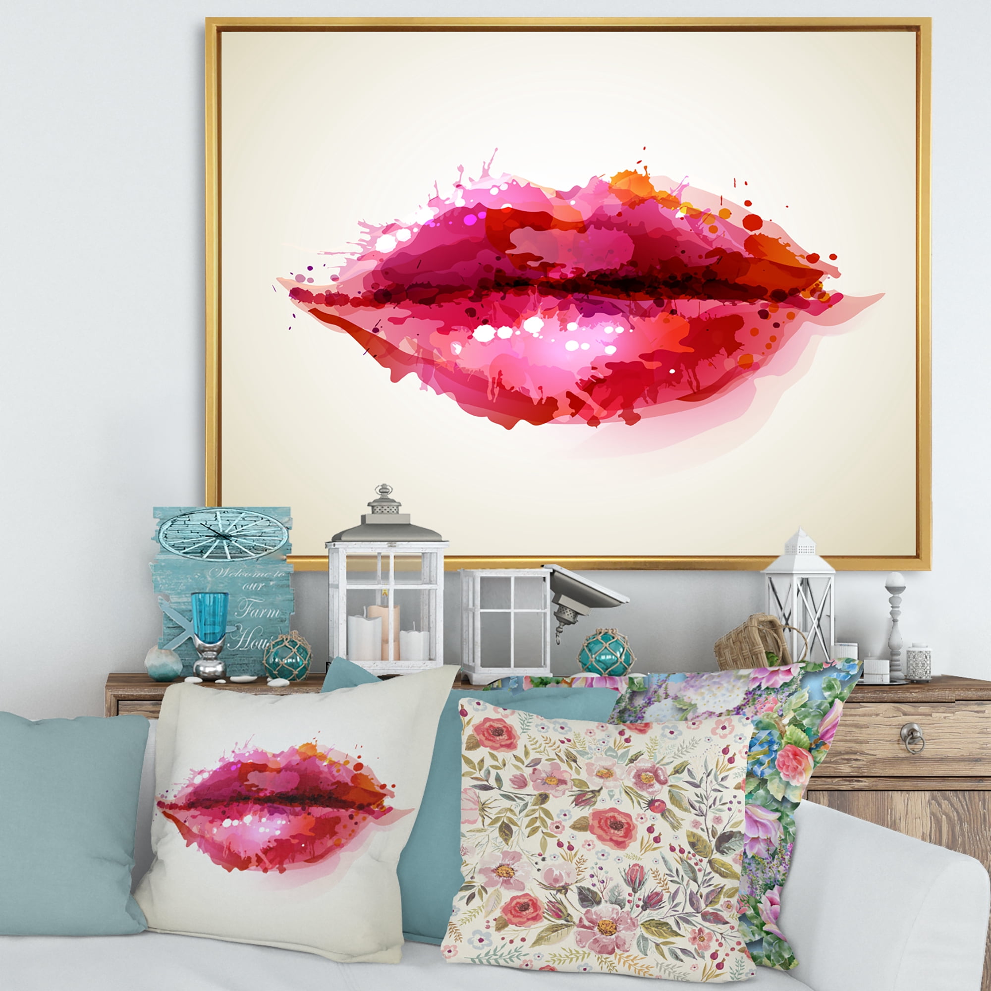 Designart 'Red Girl Lips Formed By Abstract Blots' Modern Framed Canvas Wall Art Print