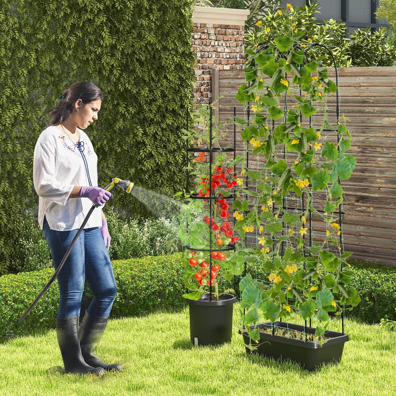 Patiojoy 2-Pack Garden Trellis, 58.5�� Tomato Cage & 71�� Cucumber Trellis w/ Planter Box Self-Priming Irrigation