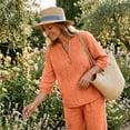 thumbnail image 7 of WULMLEO Linen Sets for Women 2 Piece Casual Vneck 3/4 Sleeve Embroidered Tops Wide Leg Summer Pants Beach Gauze Lounge Outfits Saffron 3XL, 7 of 7