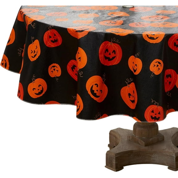 Halloween Vinyl Tablecloth: PEVA Vinyl with Flannel Backing Tablecloth Reusable (Jack O Lantern, 70" Round)