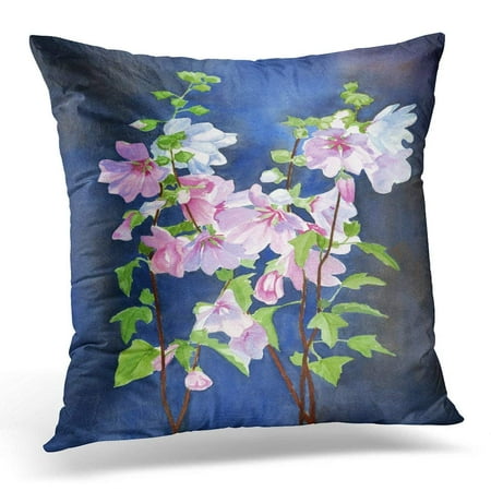 ARHOME Pink Mallow Flowers with Dark Watercolor Painting with Stocks of Blossoms and Leaves with Blue and Brown Pillow Case Pillow Cover 20x20