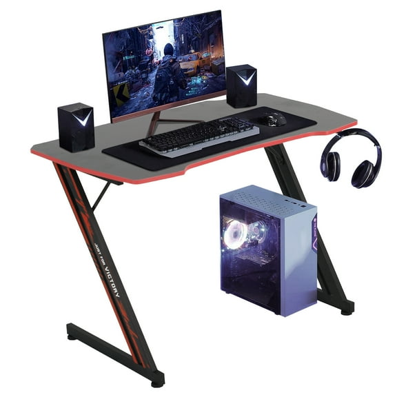CL.HPAHKL 39.4 Inch Gaming Table, Ergonomic PC Gaming Desk with Headphone Hook Z-Shaped Gaming Computer Desk with Adjustable Leveling Foot Spacious Desktop for Gamer Room, Workstation, Bedroom, Red