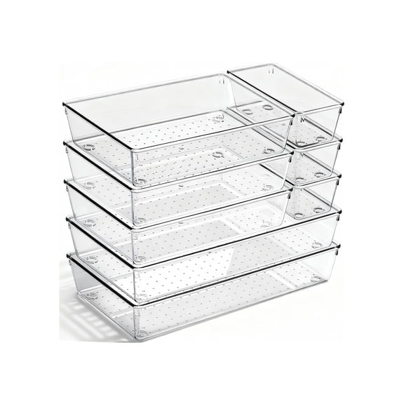 8 Pack Clear Drawer Organizer Trays, Non-Slip PET Bins for Kitchen Makeup Cabinet