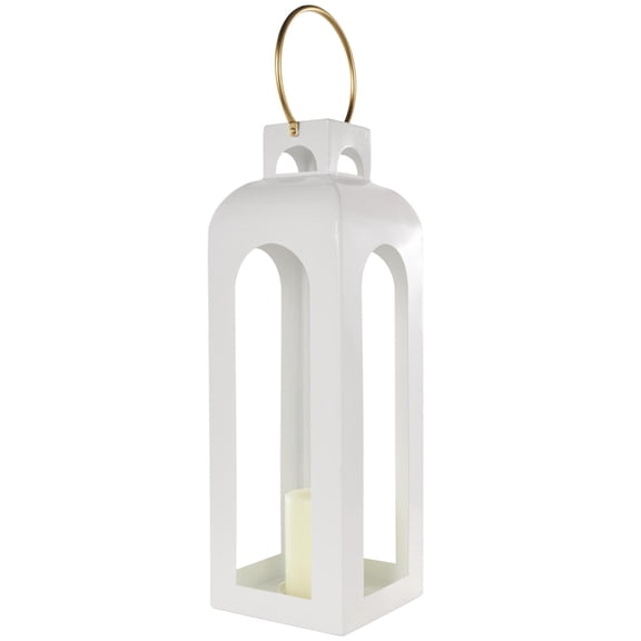 DecMode White Metal Tall Arched Cutout Candle Lantern with Gold Handle