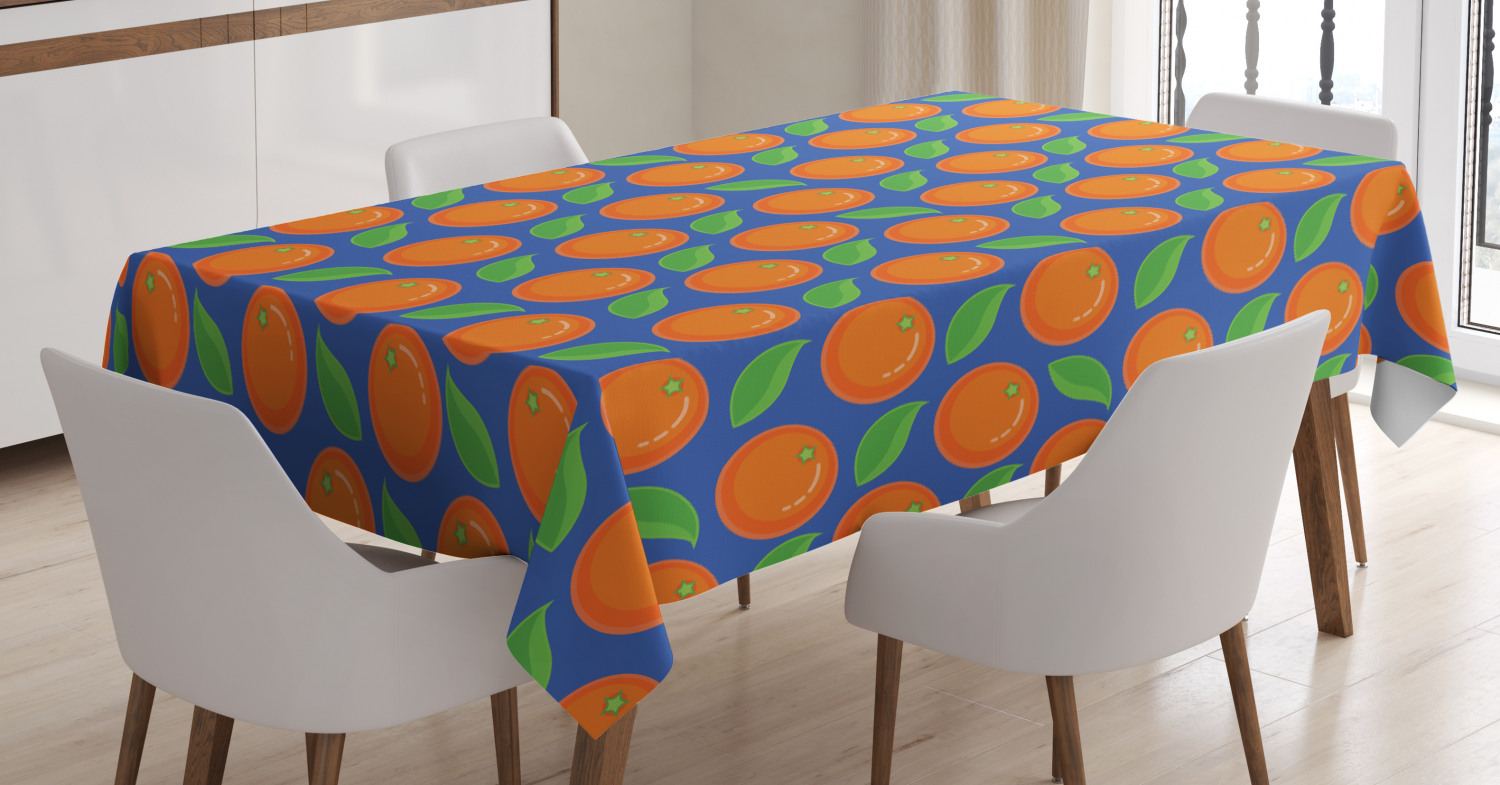 Orange Tablecloth, Graphic Ripe Citrus Fruit Pattern with Green Leaves