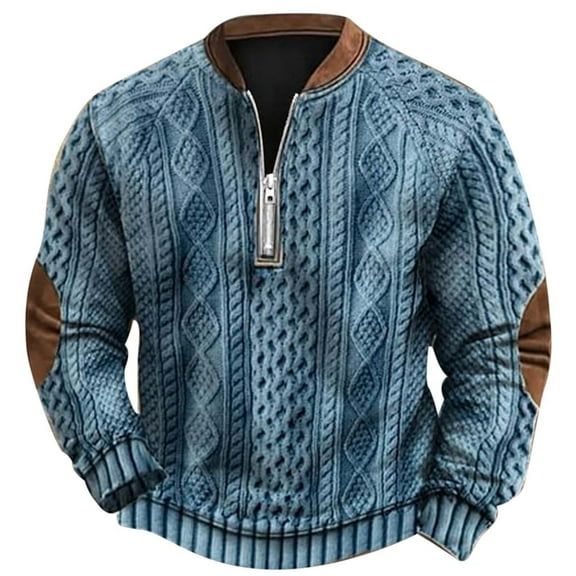 QHFBli Men's Vintage Crewneck Sweatshirt 2024 Autumn Winter Men Fashion Casual 3D Digital Print Knitted Sweater Fabric Half Zip Round Neck Sky Blue L