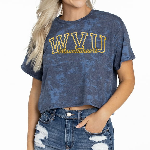 Women's Navy West Virginia Mountaineers Kimberly Tie-Dye Tri-Blend Cropped T-Shirt