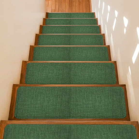 Vintage Dark Stair Treads Non Slip for Steps Green Linen Texture Farmhouse 10 Pcs Reusable Adhesive Stair Runner Mats for Dogs Elders Carpet Treads Rugs for Staircase 8x30 In