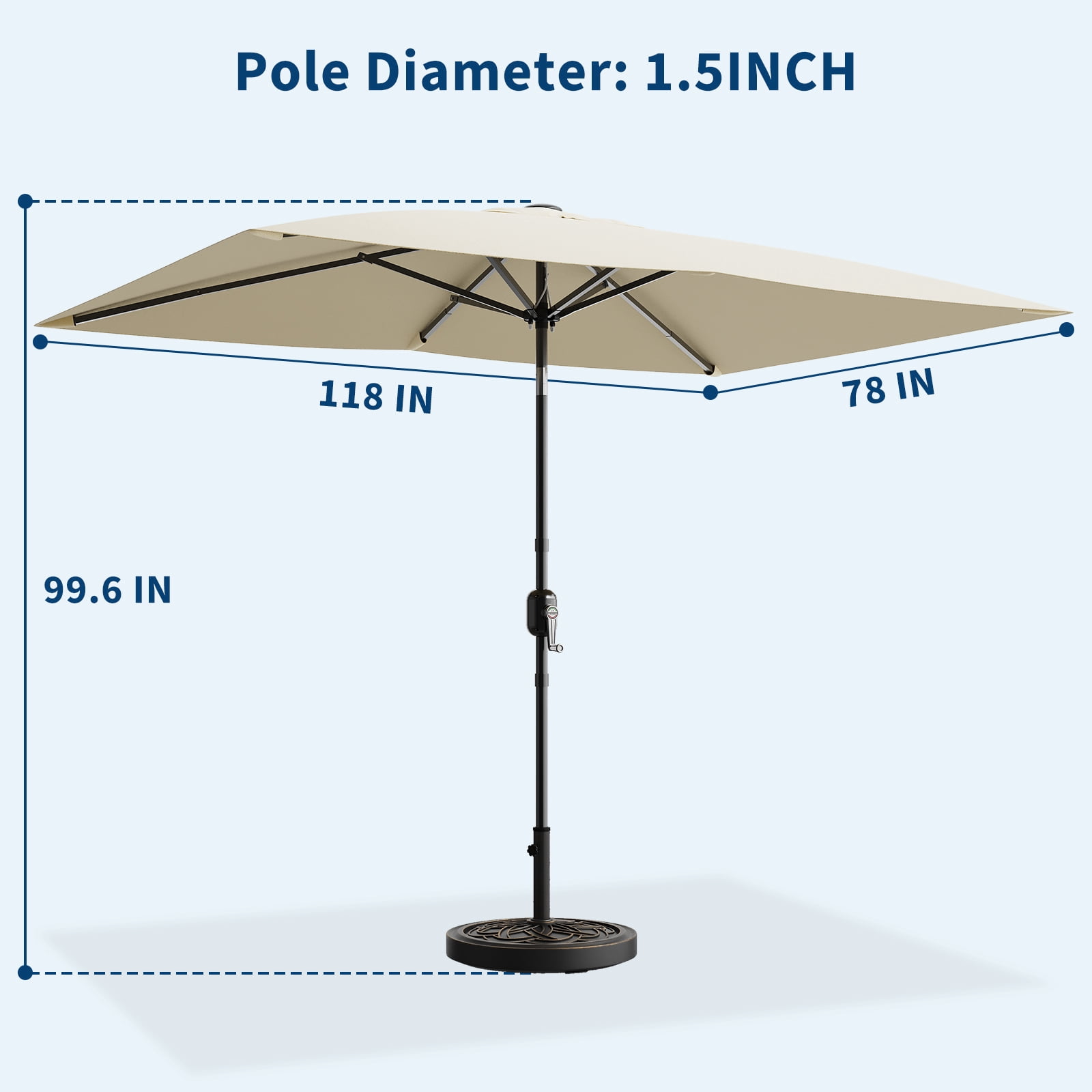 10' x 6.5' Patio Umbrella, Outdoor Table Umbrella, Metal Pole Square Outdoor Umbrella with Crank and Push Button Tilt,  Market Umbrella Sun Umbrella for Garden, Deck, Lawn, Pool-No Lamp&No Base