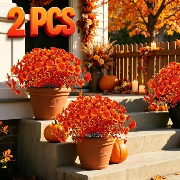 2 Pack 14in Orange Artificial Morning Glory Bouquets, Weatherproof Plastic Fall Fake Flowers, Halloween Thanksgiving Decor,Outdoor Porch Stair Fence Farmhouse Table Vase Floral Arrangement Supplies