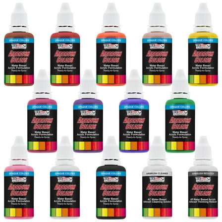 U.S. Art Supply Airbrush Paint Set - 12 Color Primary Opaque with Reducer & Cleaner, Ready to Spray Air brush Paint, 1-Ounce Water-Based Acrylic for Painting Metal, Plastic Models, Canvas, Wood