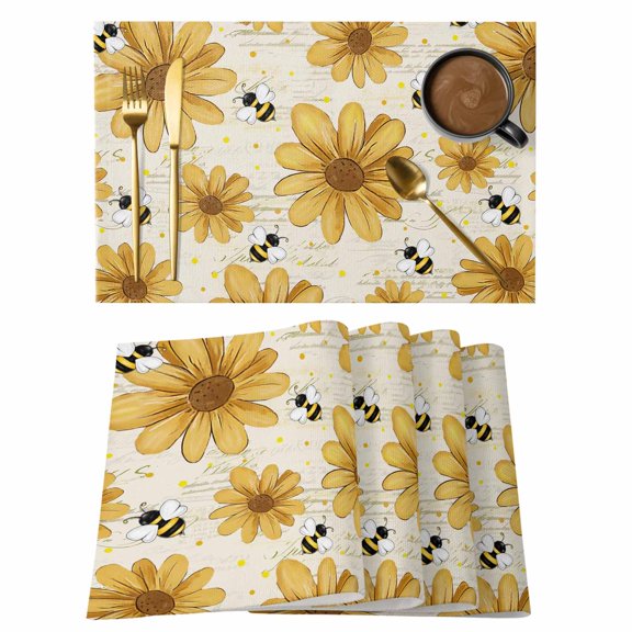 Yellow Daisy Farmhouse Placemats Set of 8 Garden Floral Honeybees Retro Place Mats Indoor Wipeable Table Mats Washable Cloth Dining Table Placemats for Kitchen Holiday Party Home Decor 13x19 Inch