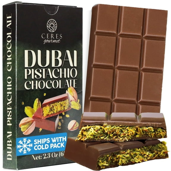 Ceres Gourmet Dubai Chocolate Bar, Pistachio Chocolate Knafeh Bar – 2.3oz (65g), Perfect Snack & Treat