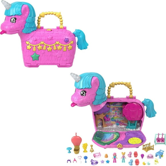 Polly Pocket Unicorn Partyland Playset with 2 Micro Dolls, Pets & 25+ Surprise Accessories, Birthday Celebration with Hot Air Balloon Ride, Ages 4Y+
