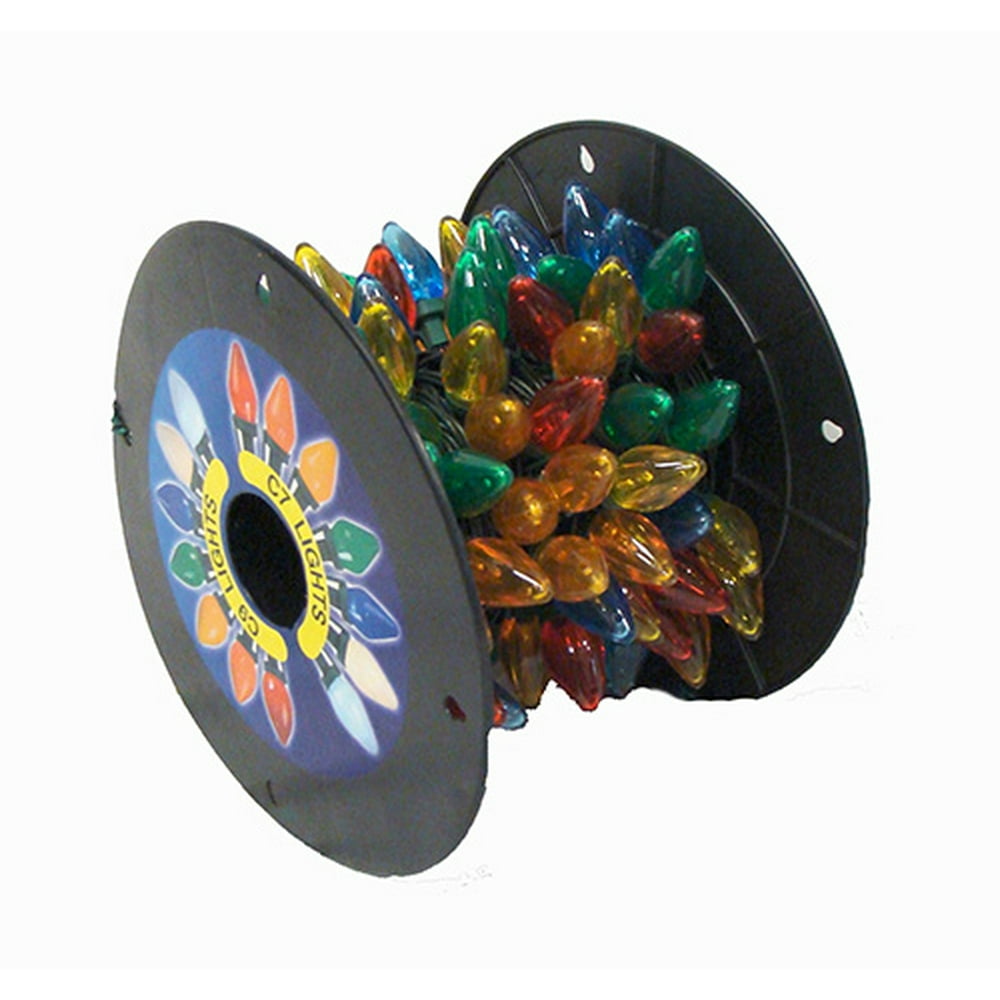 100 Commercial Multi Transparent LED C7 Christmas Lights on Spool Green Wire