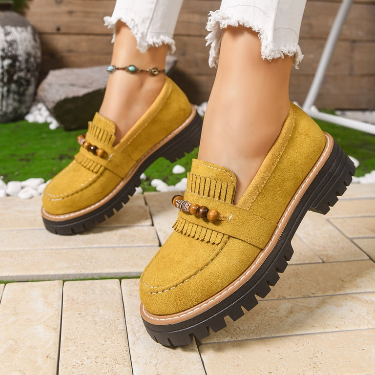 Pandaie Womens Loafers Shoes Platform Chunky Penny Loafer Lug Sole Comfortable Slip on Work Office Business Casual Dress Shoes (Yellow,8.5), Women's