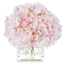 Enova Home Artificial Silk Hydrangea in Cube Glass Vase with Faux Water, Fake Flower Arrangement for Home Office Wedding Decoration (Pink)
