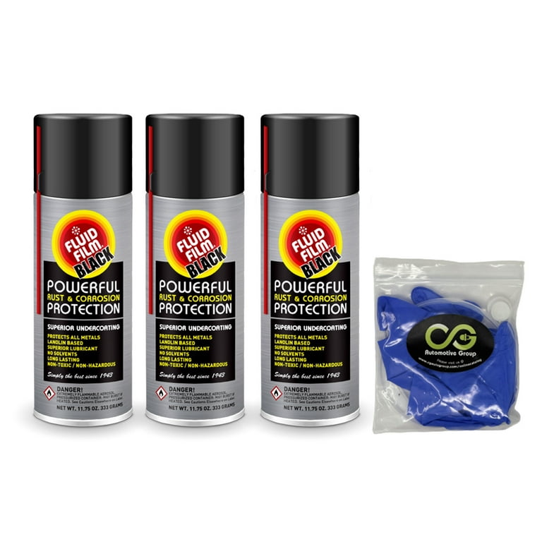 Fluid Film Black, 3 Pack, 35.25 oz Undercoating Protection Aerosol Spray Can Black Rust Inhibitor and Prevention, Spray Can Extension Wand and Latex