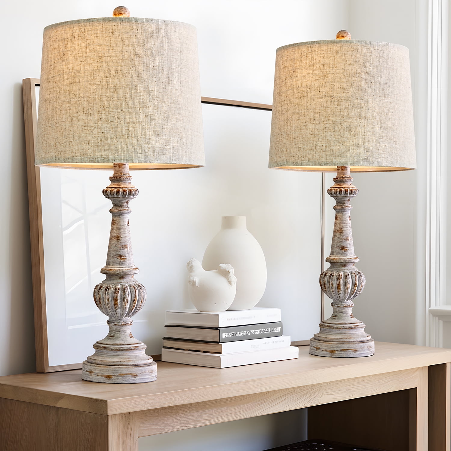 Oneach Rustic Table Lamp Set of 2 for Bedroom Living Room 24.5" Farmhouse Resin Bedside Nightstands Lamps with Linen Drum Shade
