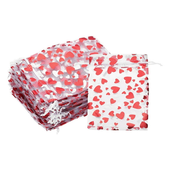 50 Pcs 5x7 Inch Heart Printed Organza Bags, Red Sheer Bags for Festival Jewelry Party Wedding Favor Gift