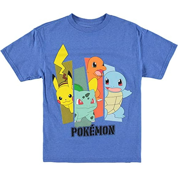 Mighty Fine Pokemon Pikachu Big Boys Short Sleeve T-Shirt - Charmander, Squirtle, Bulbasaur and Pickachu Boys T-Shirt (Small, Royal Heather)