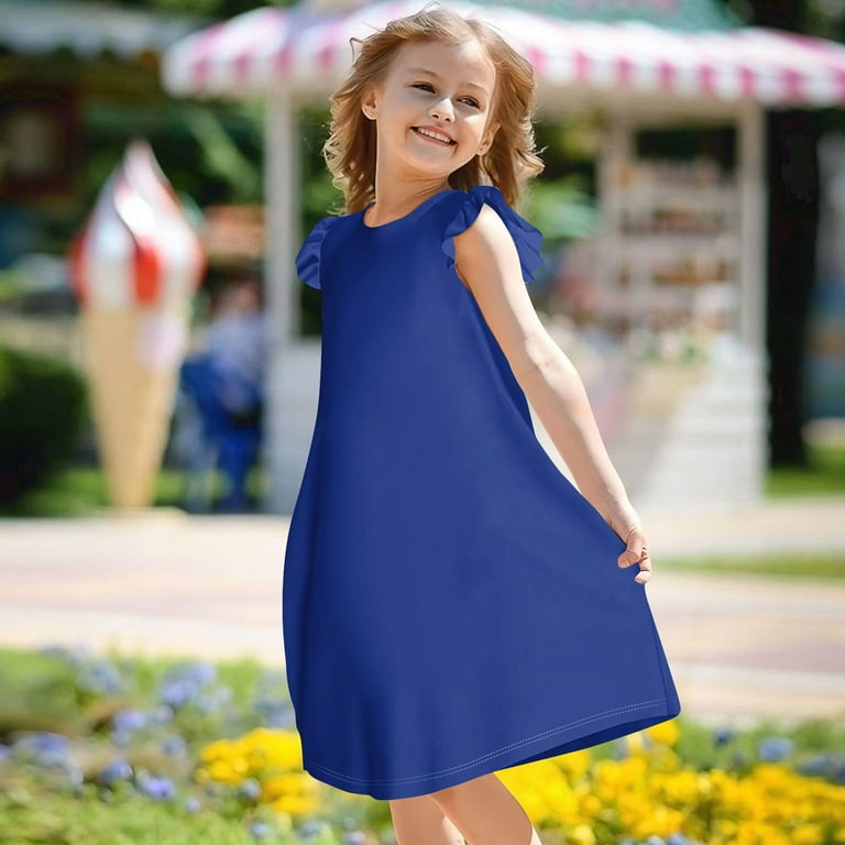 YOUYEDIAN Spring Dresses for Teens Ruffle Sleeve Midi Dress Crew Neck Plain  Sundresses 2025 Summer Beach Dresses Cute Dresses,Royal Blue 15 Years -  Walmart.com